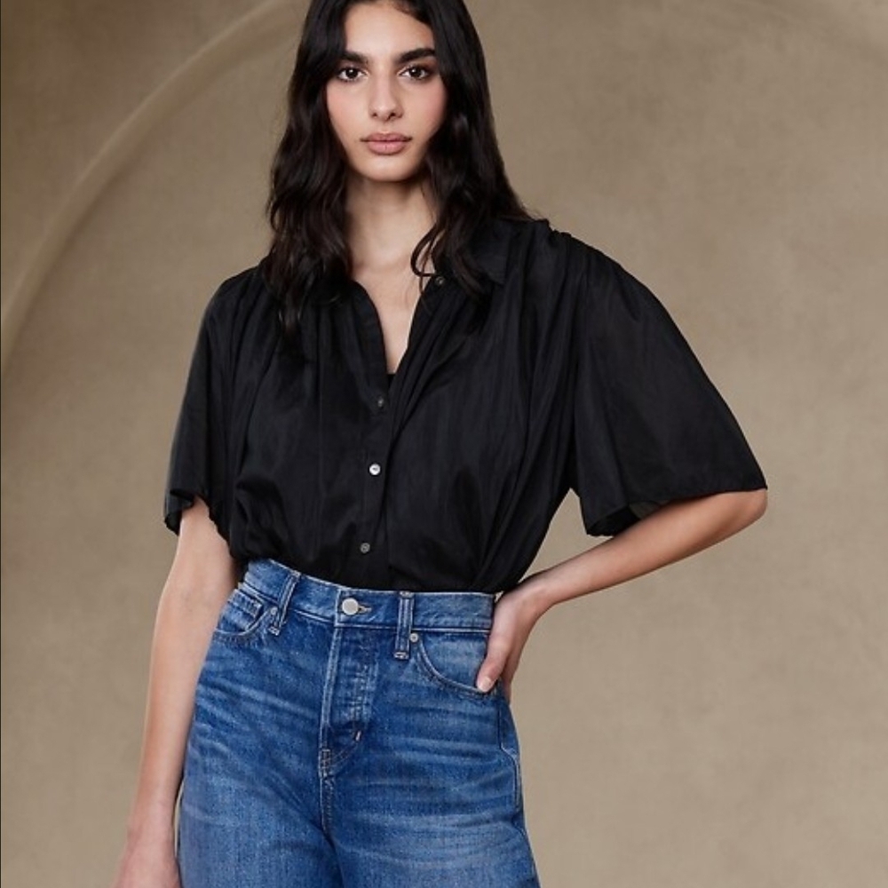 Banana Republic Black Sheer Cotton Silk Relaxed Flowy Breezy Rosalie Top SM